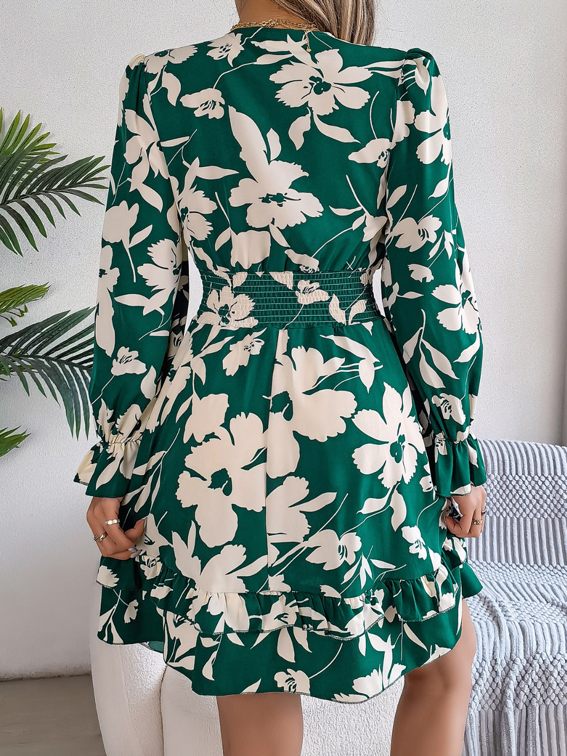 Tied Ruffled Printed Long Sleeve Dress