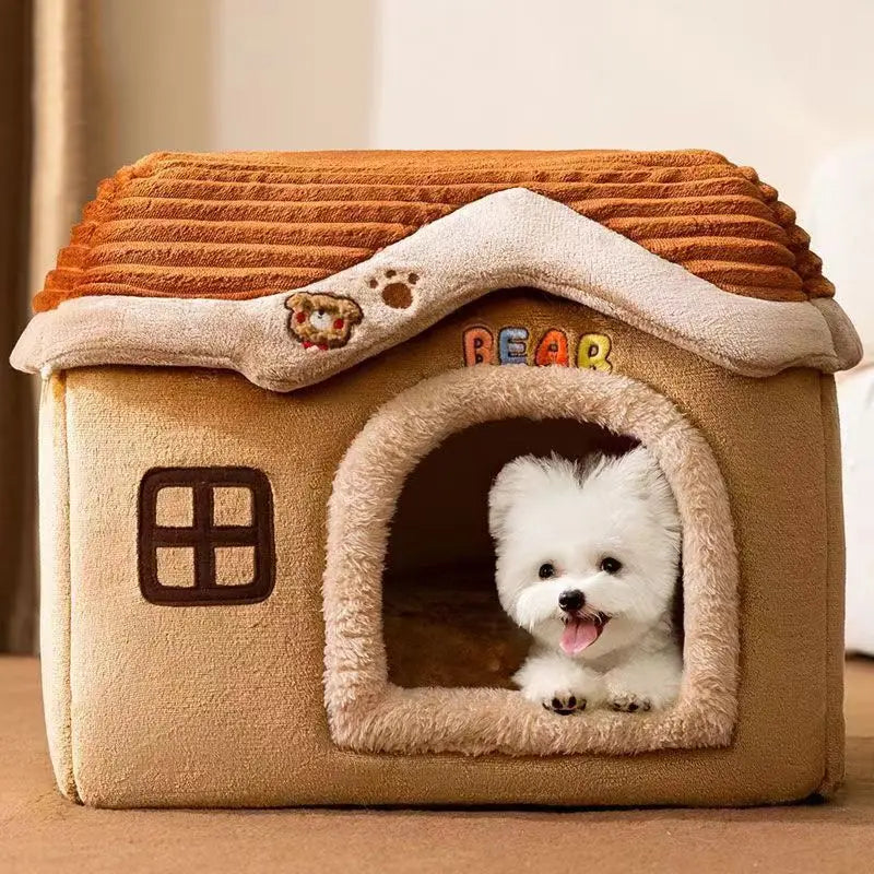 Foldable Soft Pet House And Bed Detachable Cave-Style Nest Brown-1