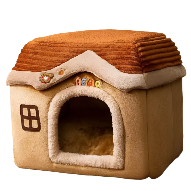 Foldable Soft Pet House And Bed Detachable Cave-Style Nest Brown-0