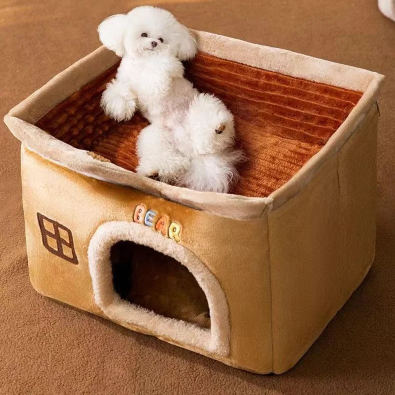 Foldable Soft Pet House And Bed Detachable Cave-Style Nest Brown-3