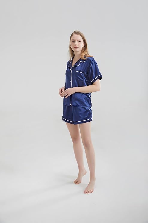 Silk Short Pyjama Set - Navy Blue, Large - Soft & Luxurious Sleepwear for Relaxation - Breathable Comfort for Restful Nights