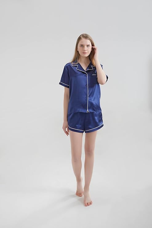 Silk Short Pyjama Set - Navy Blue, Large - Soft & Luxurious Sleepwear for Relaxation - Breathable Comfort for Restful Nights