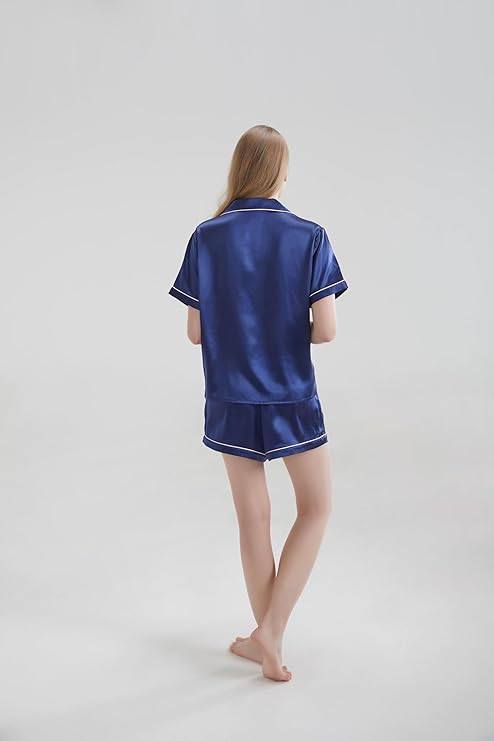 Silk Short Pyjama Set - Navy Blue, Large - Soft & Luxurious Sleepwear for Relaxation - Breathable Comfort for Restful Nights