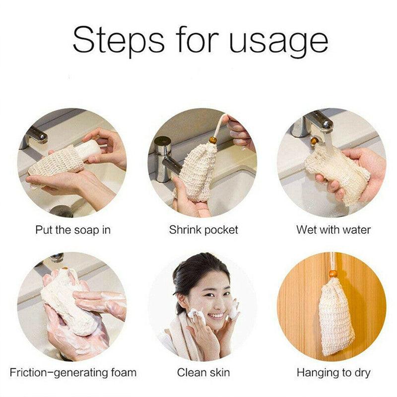 Flax Soap Saver Bag with Foaming Mesh and Drawstring for Exfoliating - 4PCS