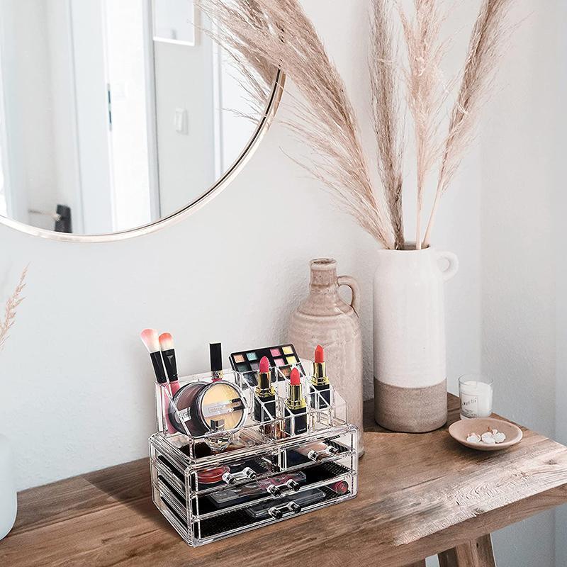 Holder Cosmetic Makeup Organiser 4 Drawer Storage Jewellery Box Clear Acrylic - With Black Mesh Pad