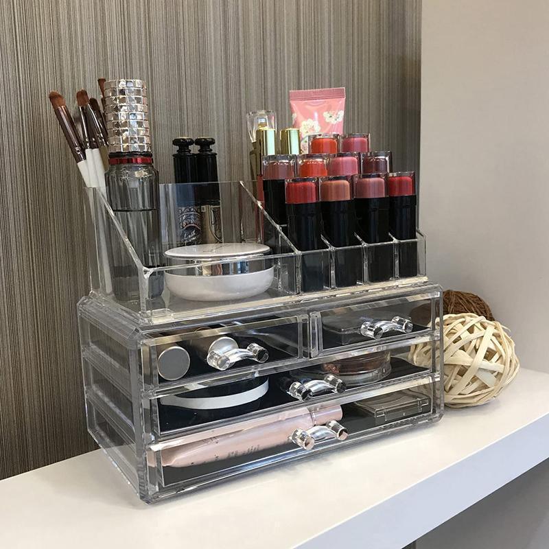 Holder Cosmetic Makeup Organiser 4 Drawer Storage Jewellery Box Clear Acrylic - With Black Mesh Pad