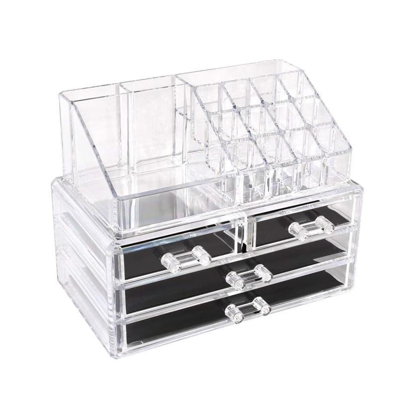 Holder Cosmetic Makeup Organiser 4 Drawer Storage Jewellery Box Clear Acrylic - With Black Mesh Pad