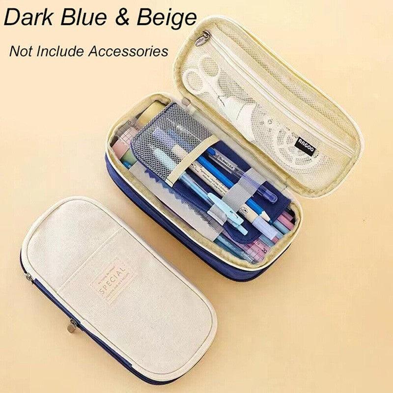 Zipper Pencil Case Pen Bag Organizer School Office Cosmetic Stationery Storage - Beige-Dark Blue