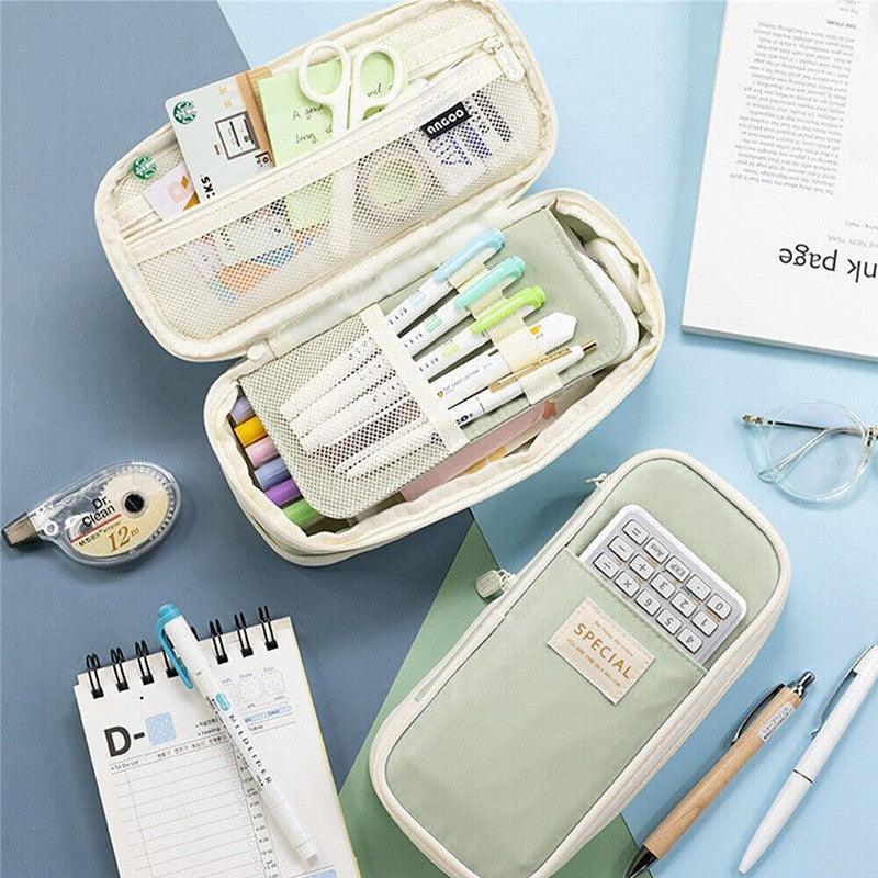 Zipper Pencil Case Pen Bag Organizer School Office Cosmetic Stationery Storage - Beige-Dark Blue