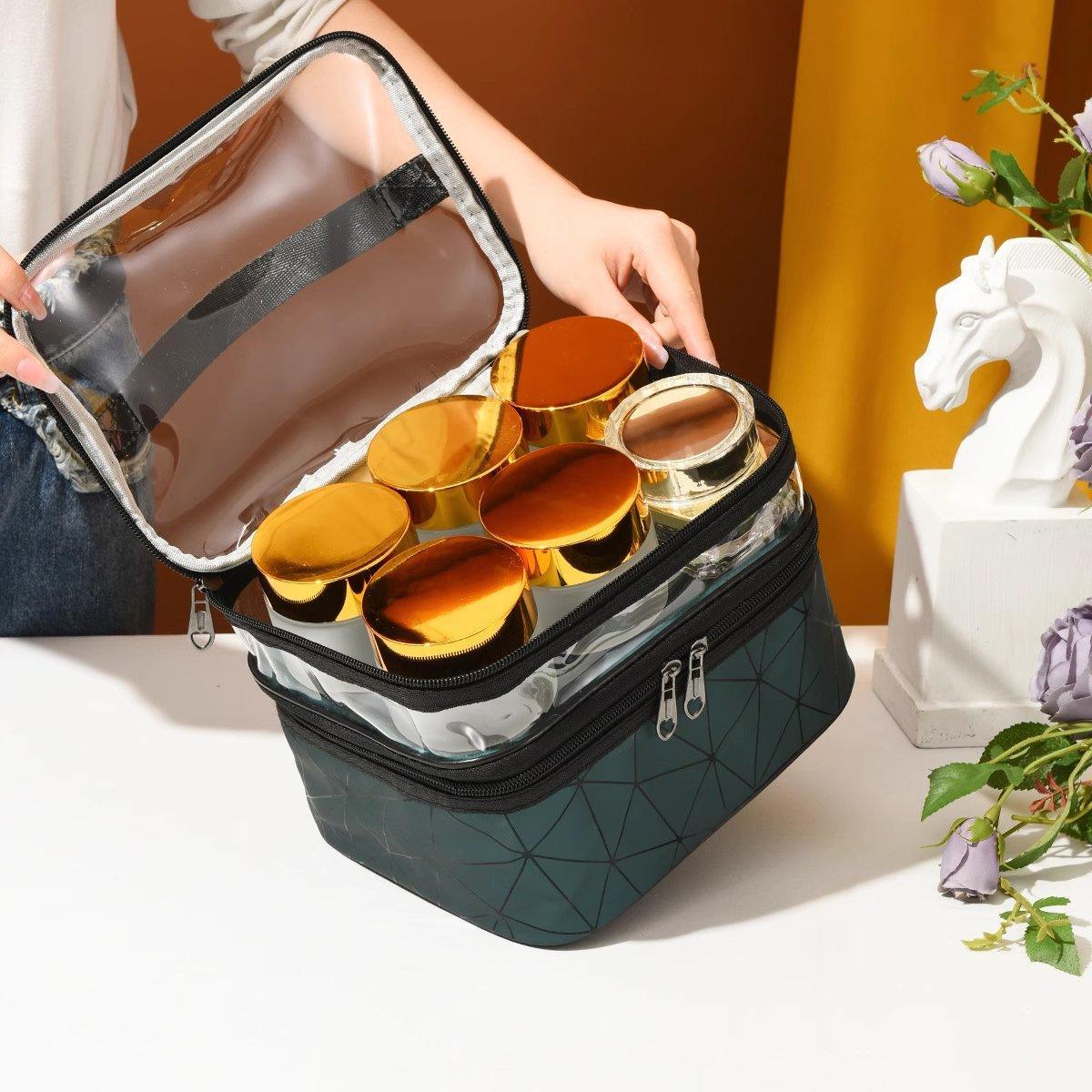 Portable Double-Layer Large Capacity Waterproof Cosmetic Bag Travel Toiletry Bag - Black