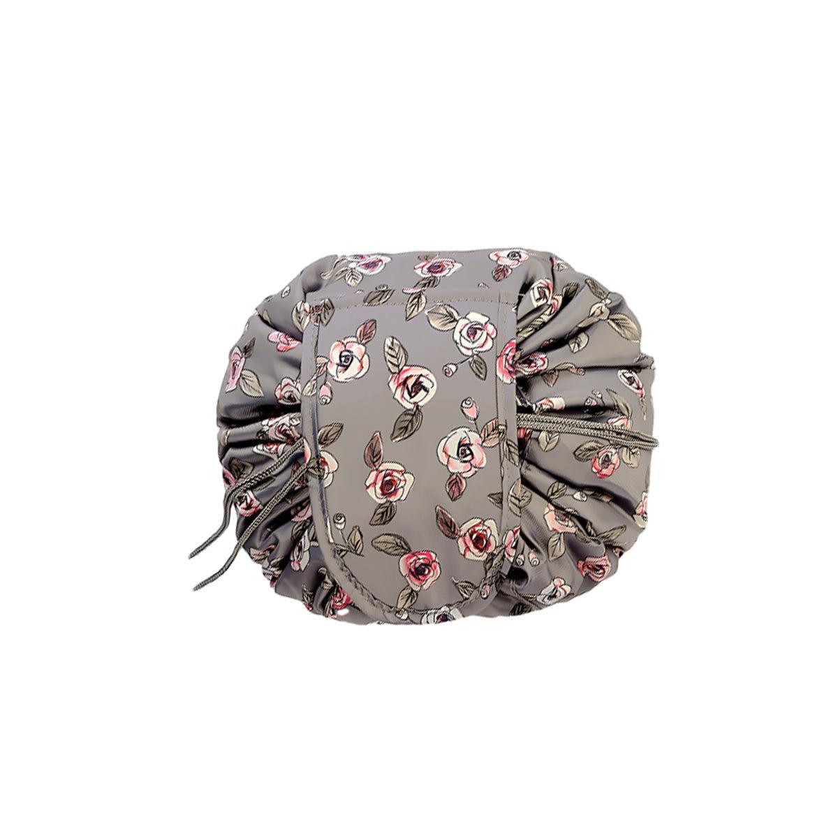 Portable Travel Makeup Bag Drawstring Cosmetic Pouch Lazy Storage Organiser Case - Black Flower