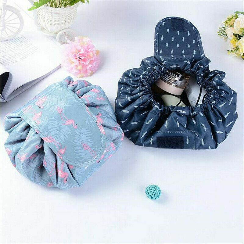 Portable Travel Makeup Bag Drawstring Cosmetic Pouch Lazy Storage Organiser Case - White Flamingo