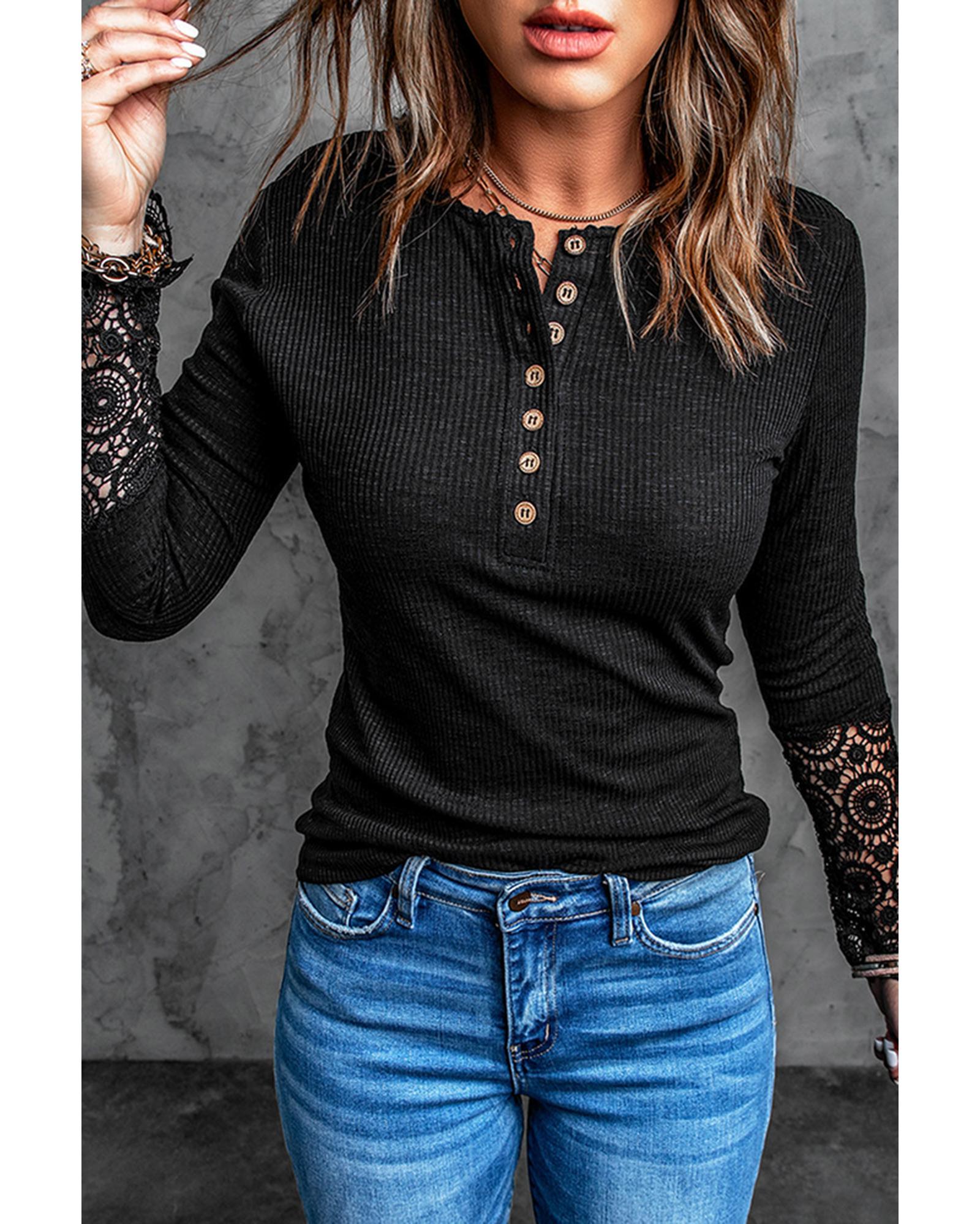 Azura Exchange Lace Hem Sleeve Button Top - XL