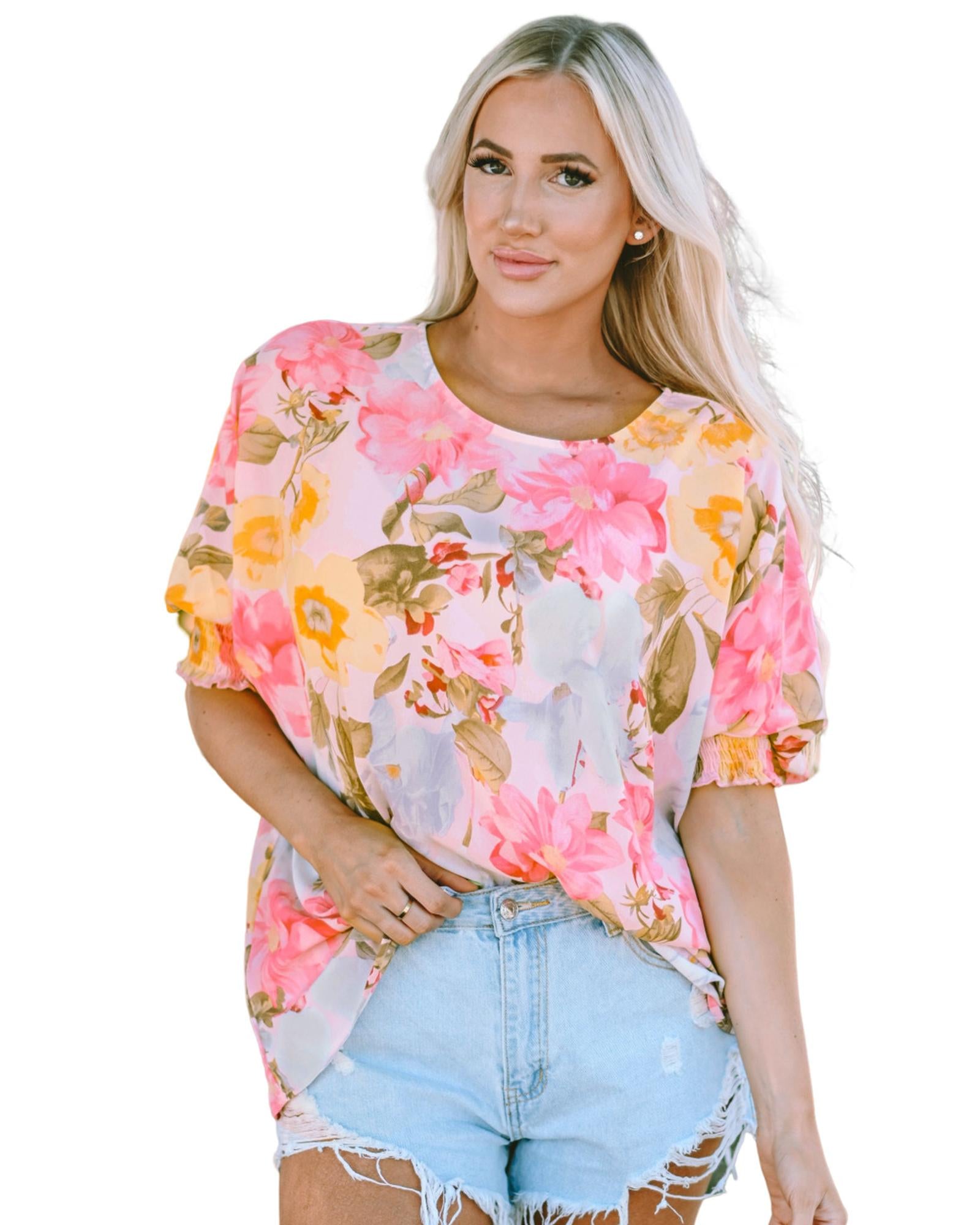 Azura Exchange Floral Blouse with Shirred Cuff Sleeves - L