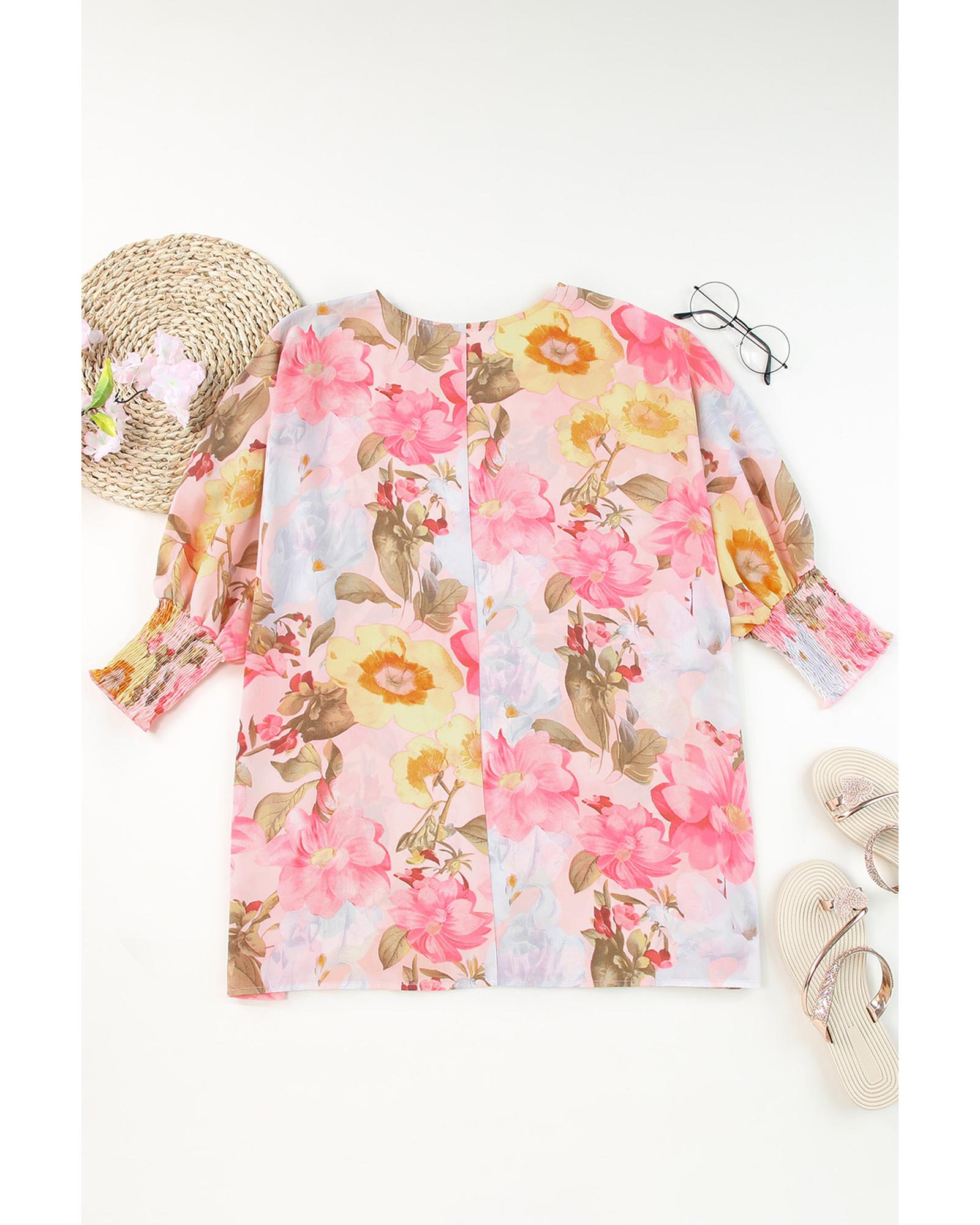 Azura Exchange Floral Blouse with Shirred Cuff Sleeves - S