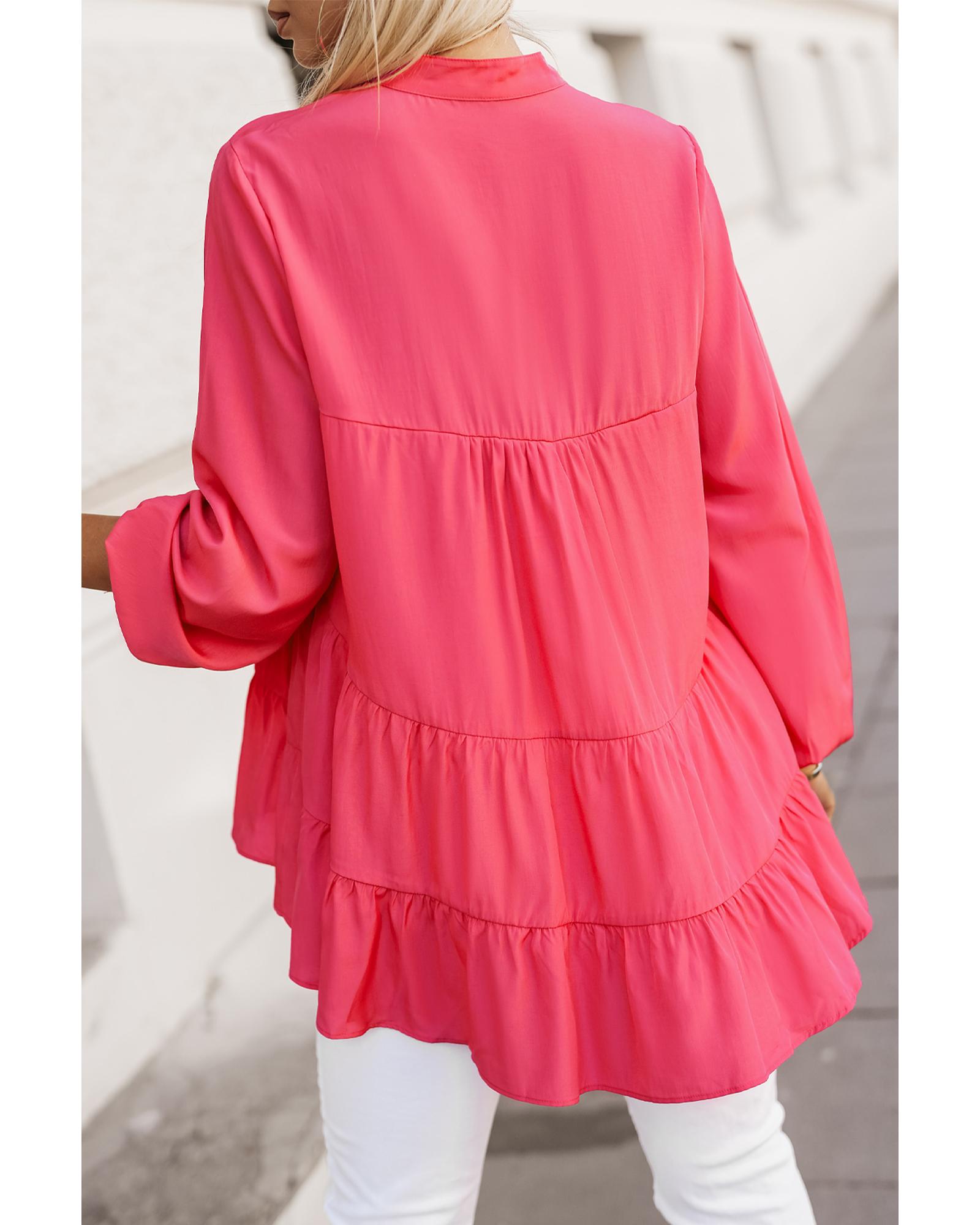 Azura Exchange Half Buttoned Ruffle Tiered Long Sleeve Blouse - M