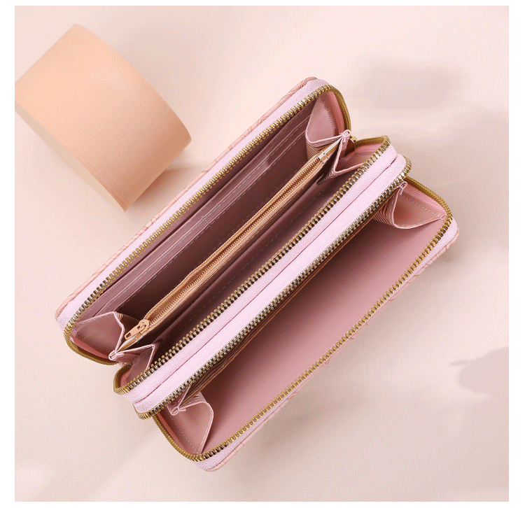 2 PCS Khaki Elegant Floral Embossed Long Wallet with Double Zipper