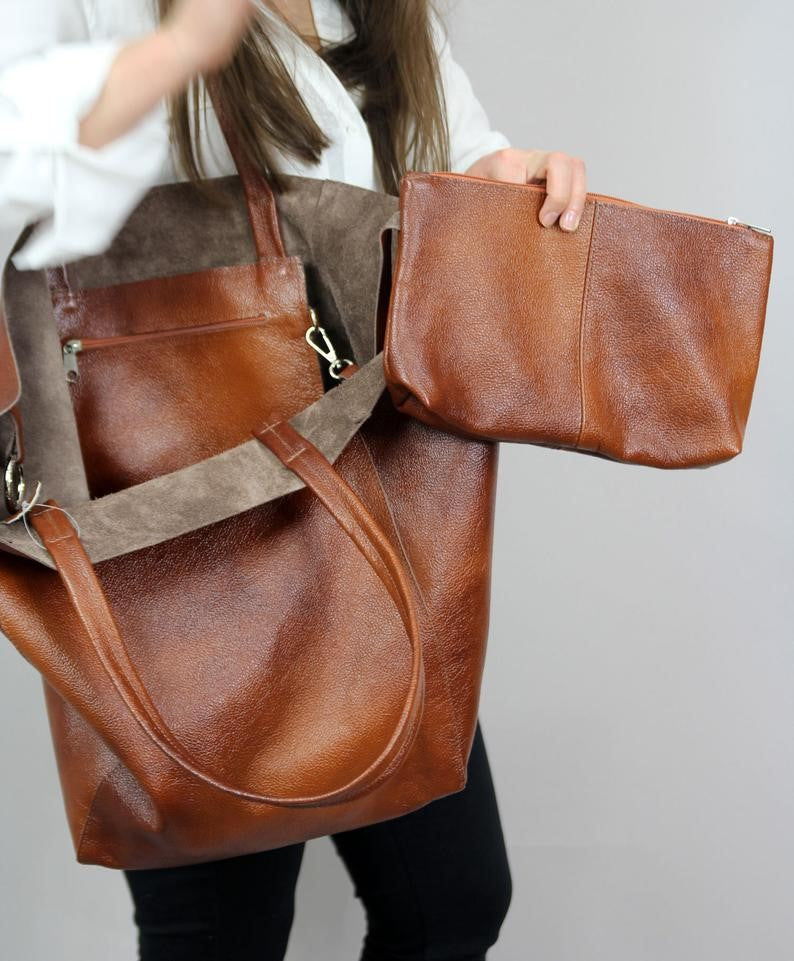 Brown Classic Large PU Leather Tote Bag with Inner Pouch - Elegant and Functional