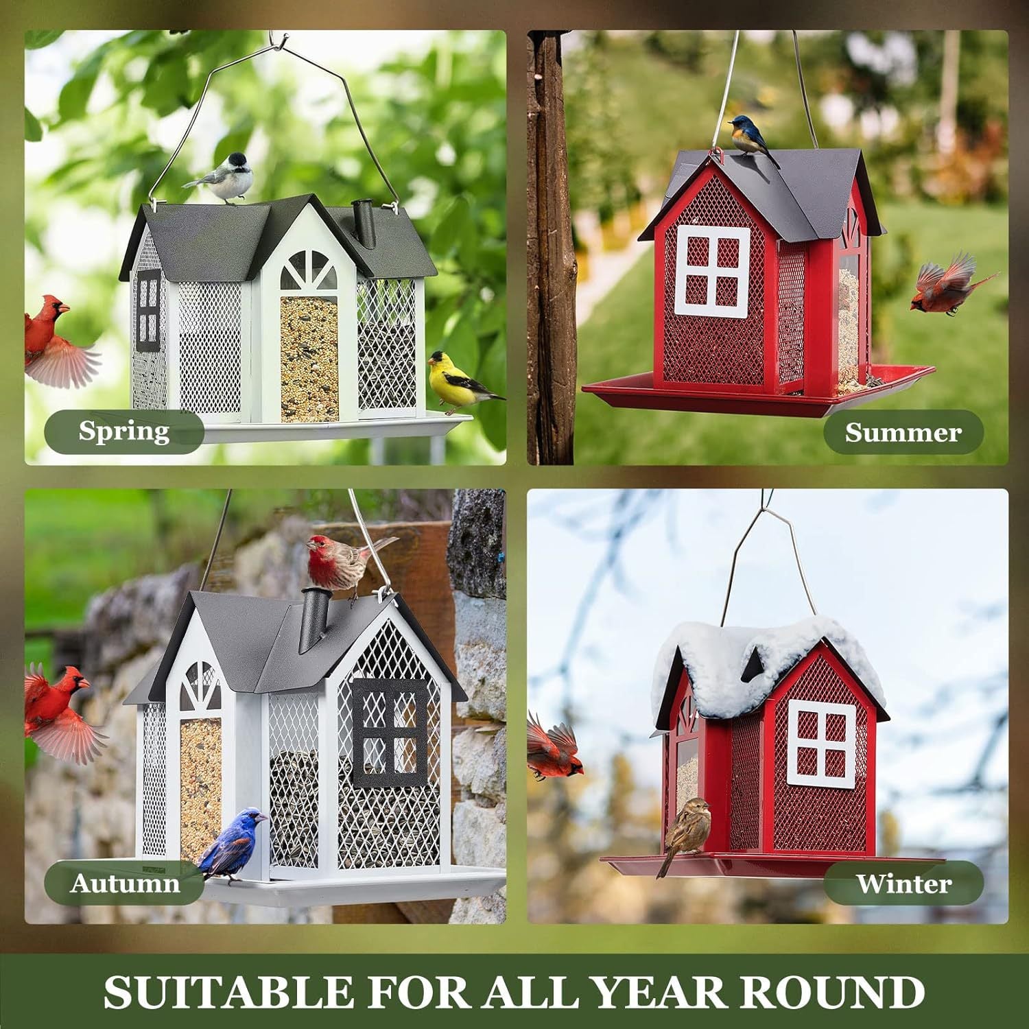 Charming House-Shaped Hanging Bird Feeder - Durable Metal Design for Wild Birds(red)