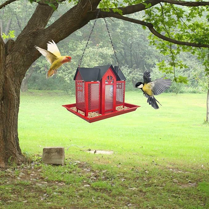 Charming House-Shaped Hanging Bird Feeder - Durable Metal Design for Wild Birds(pink)