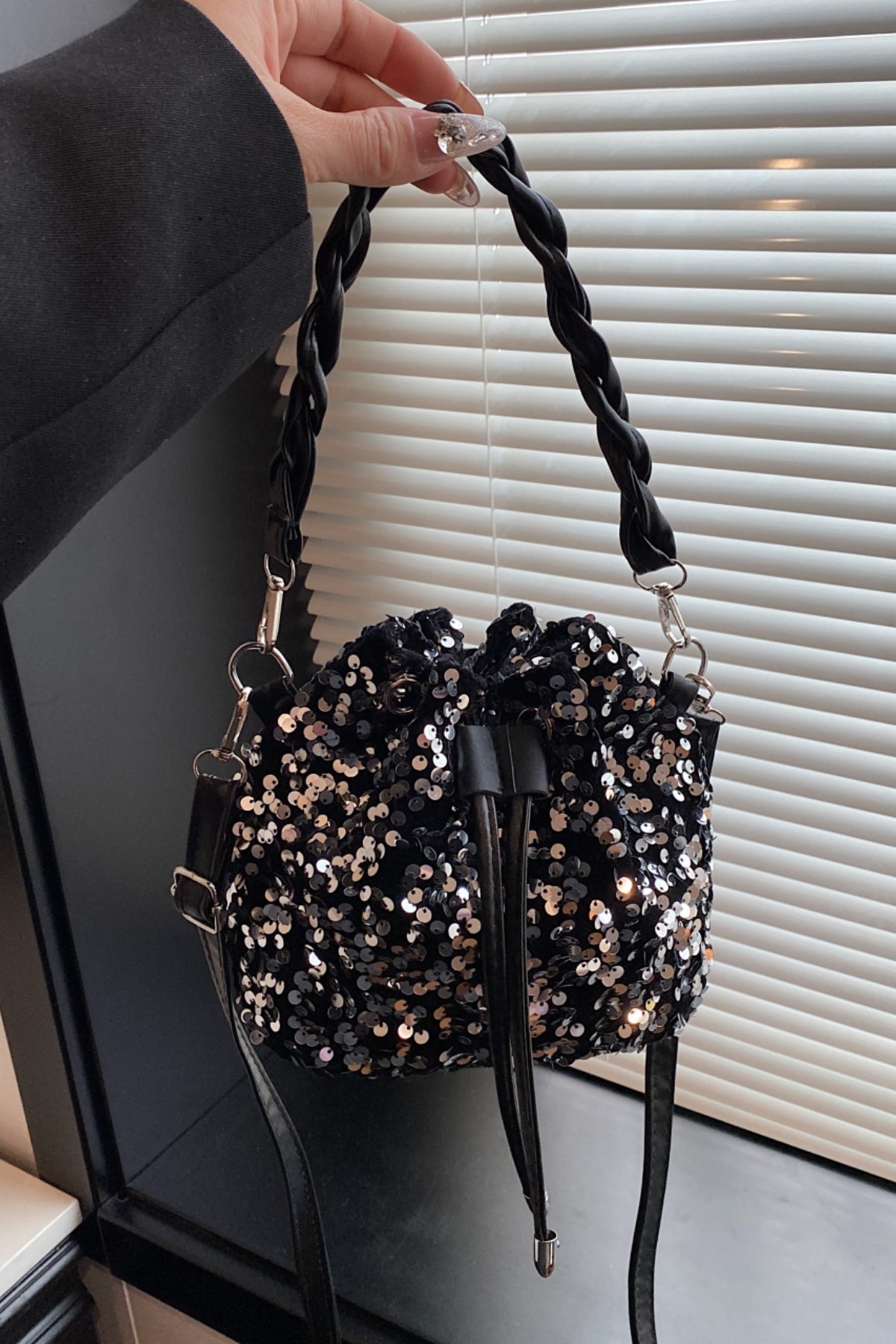 Sequin Drawstring Bucket Bag