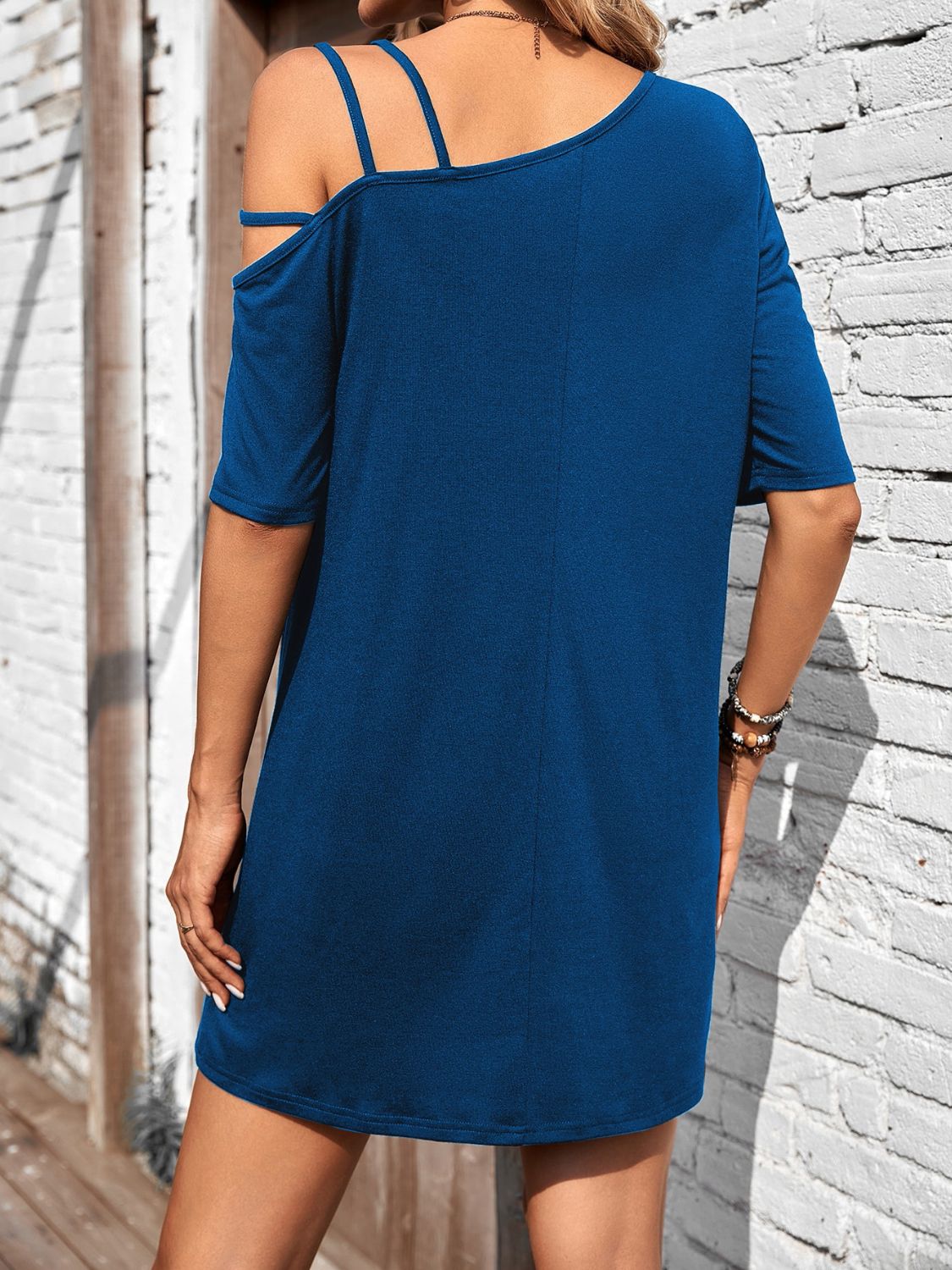 Asymmetrical Neck Half Sleeve Mini Dress